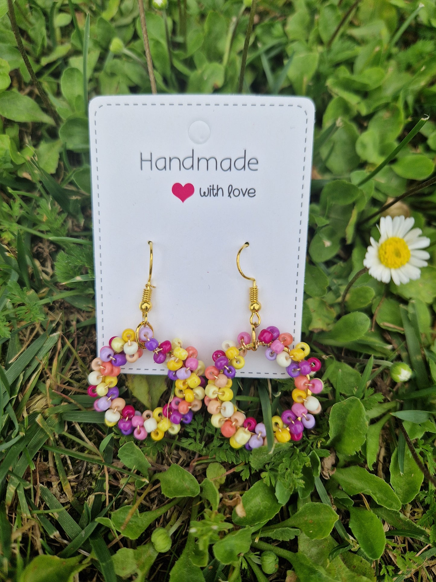 Handmade Purple-Yellow Beaded Ring Dangling Earrings (Gold Color)
