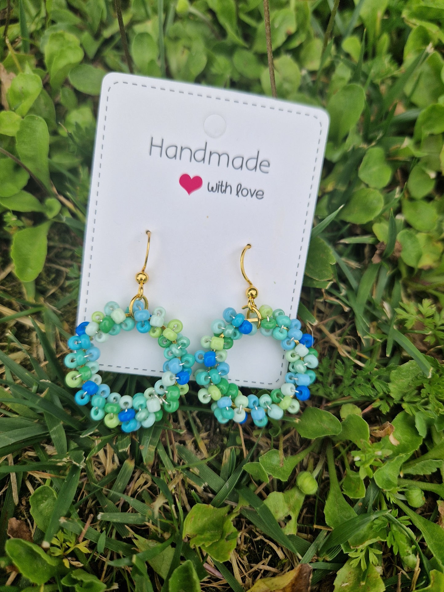 Handmade Blue-Green Beaded Ring Earrings (Gold Color)