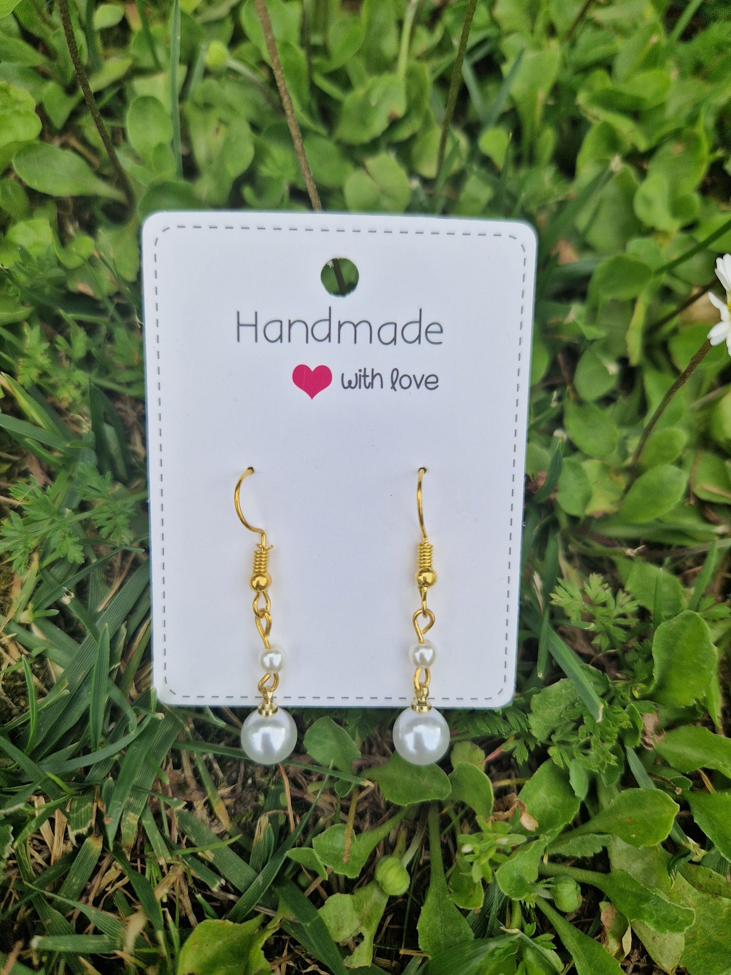 Handmade Mini Pearl Drop Dangling Earrings (Gold Color)
