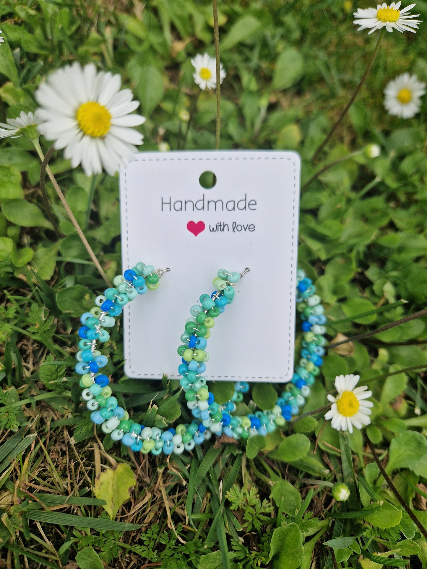 Handmade Gigantic Ring Beaded Blue-Green Earrings (Siver Color)