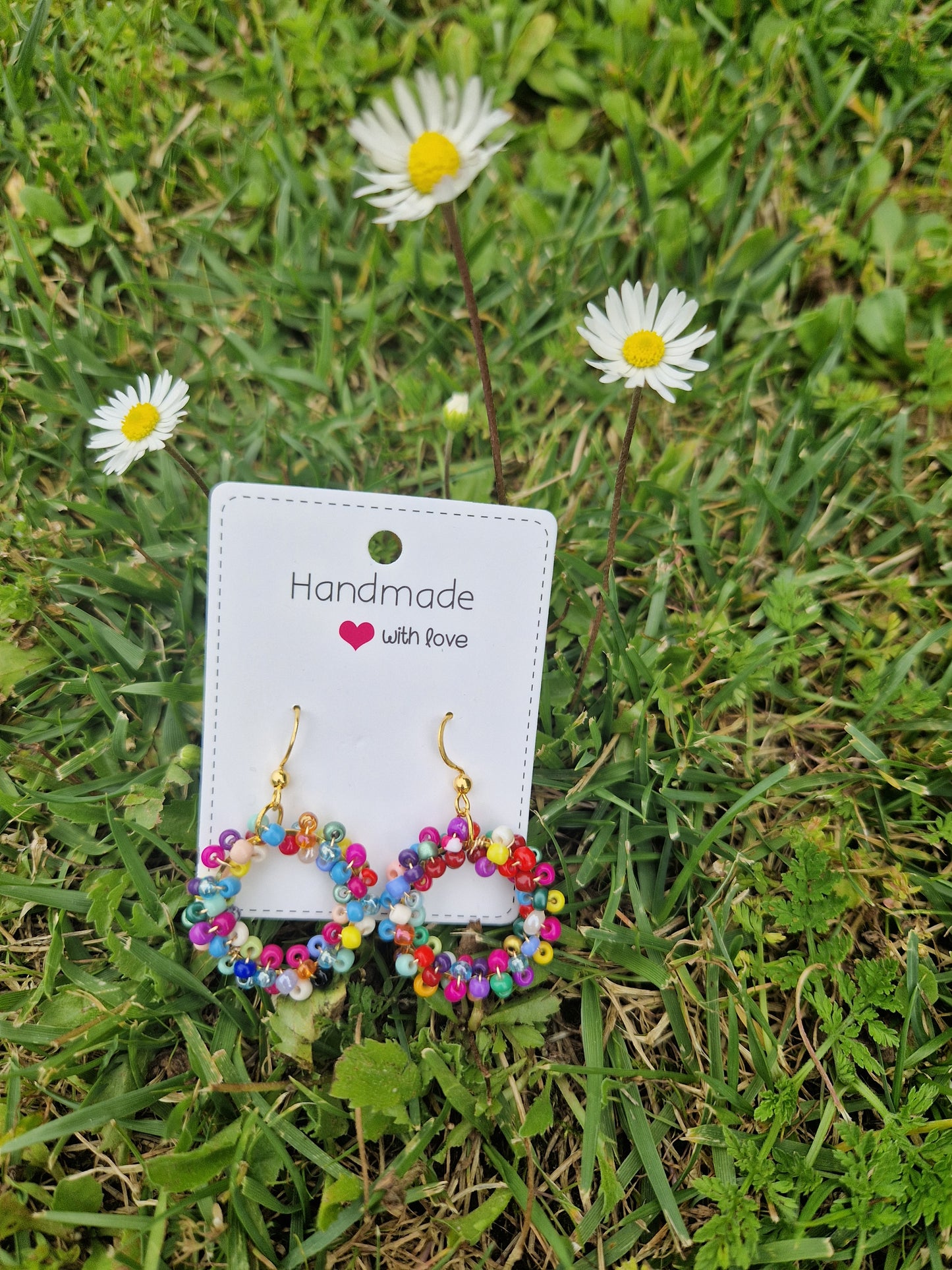 Handmade Multi Color Beaded Ring Dangling Earrings (Gold Color)