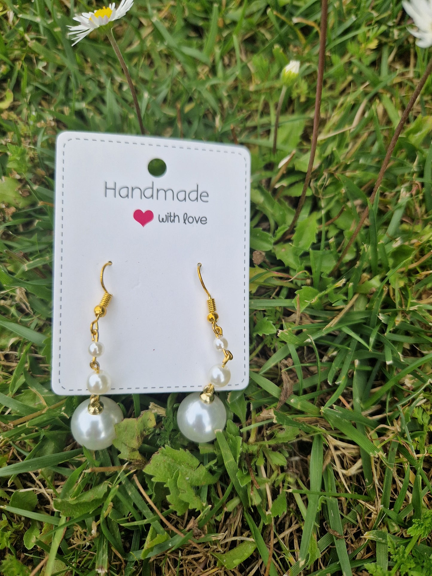 Handmade Dangling 3 Pearl Drop Earrings (Gold Color)
