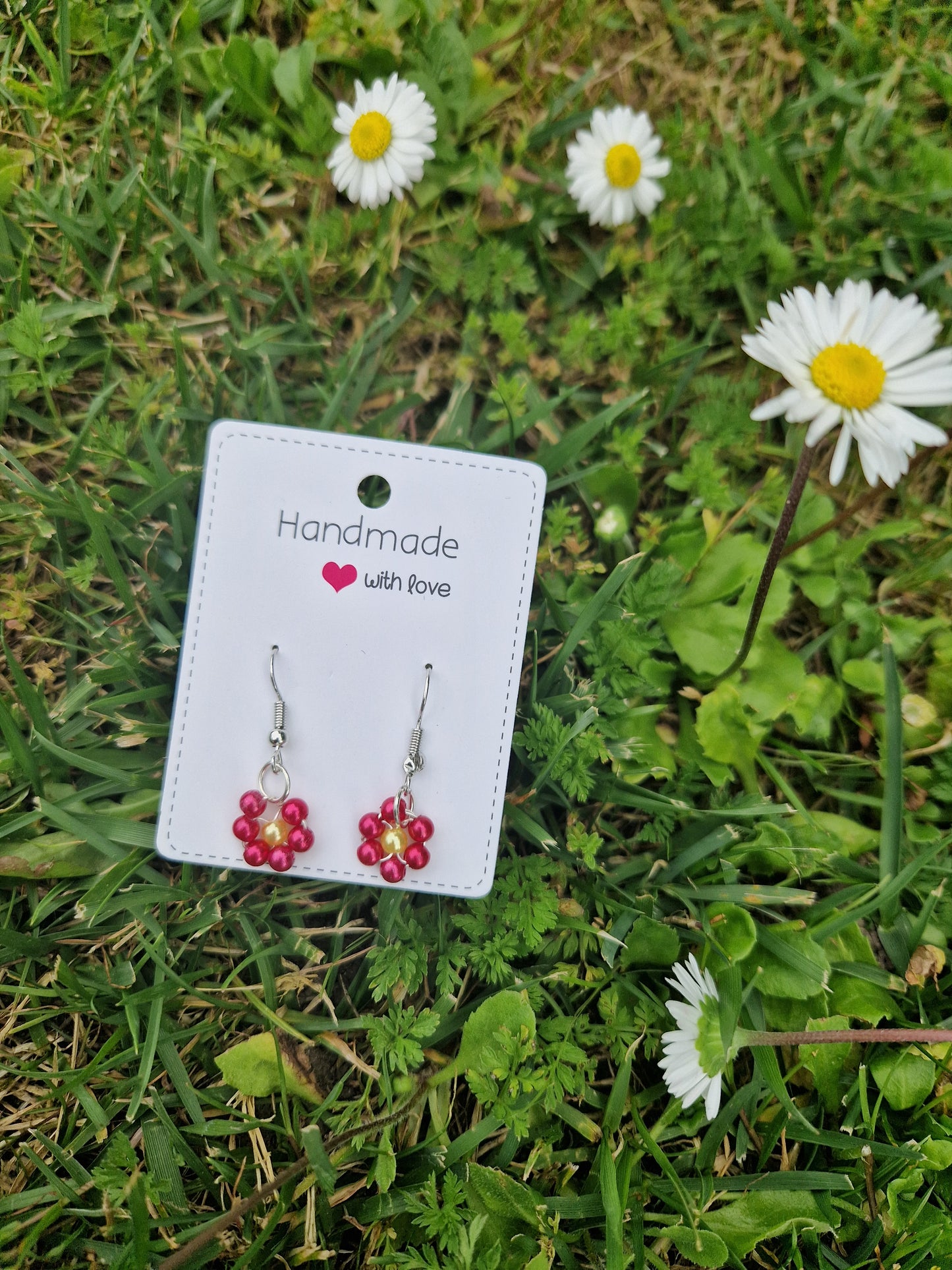 Handmade Dangling Red Daisy Earrings