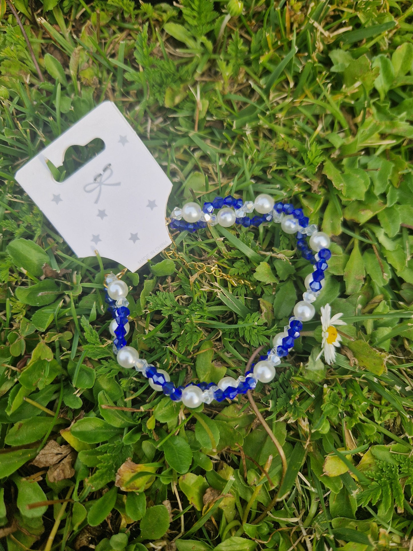 Handmade Spiral Blue and Pearl Combo with Golden Dolphin Stainless Lock