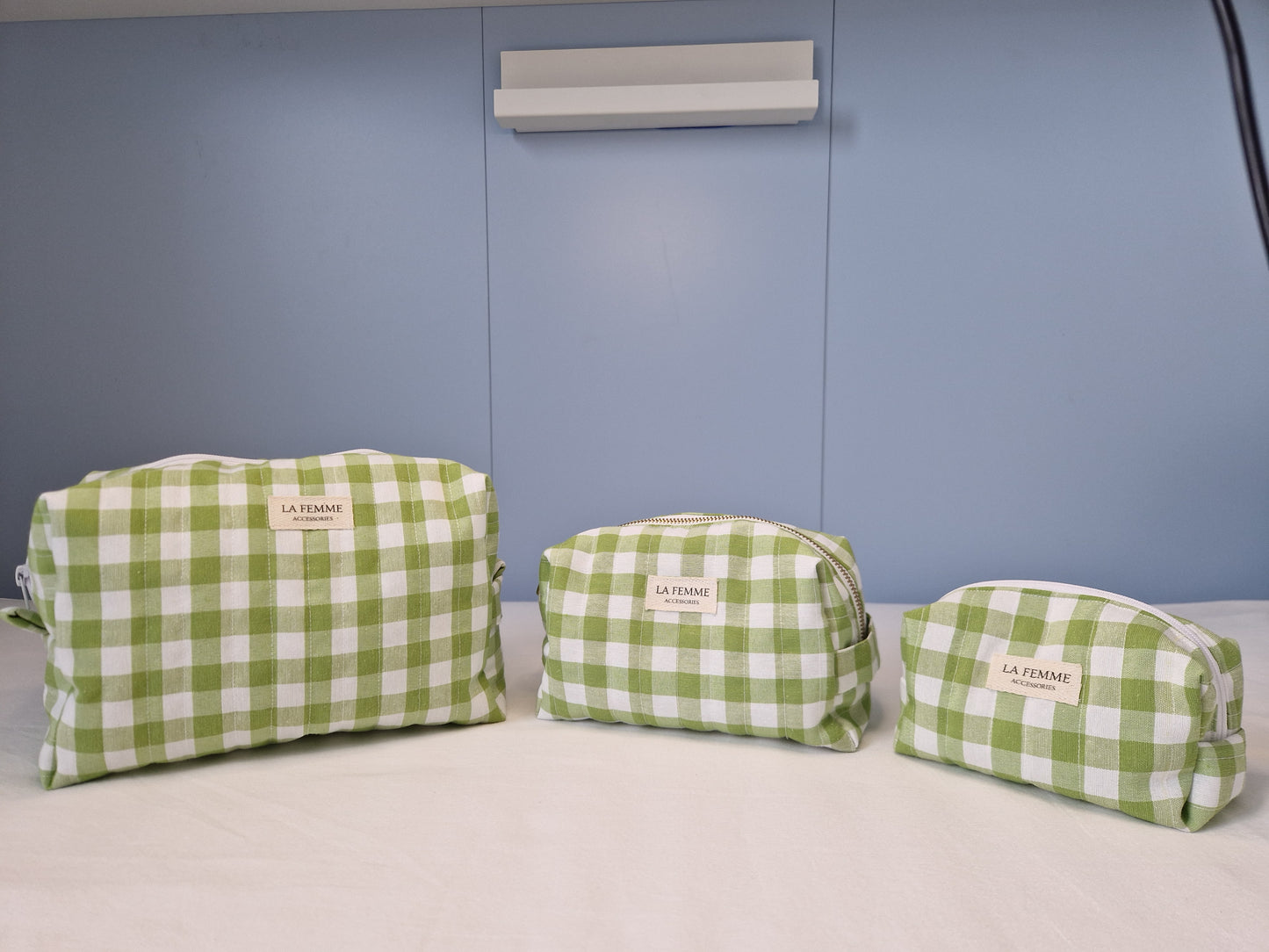 ANDREA Lime Green Gingham Make Up Bag/ Carry All Bag - Medium