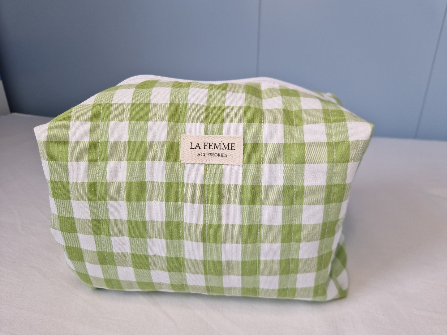 ANDREA Lime Green Gingham Make Up Bag/Carry All Bag - Large
