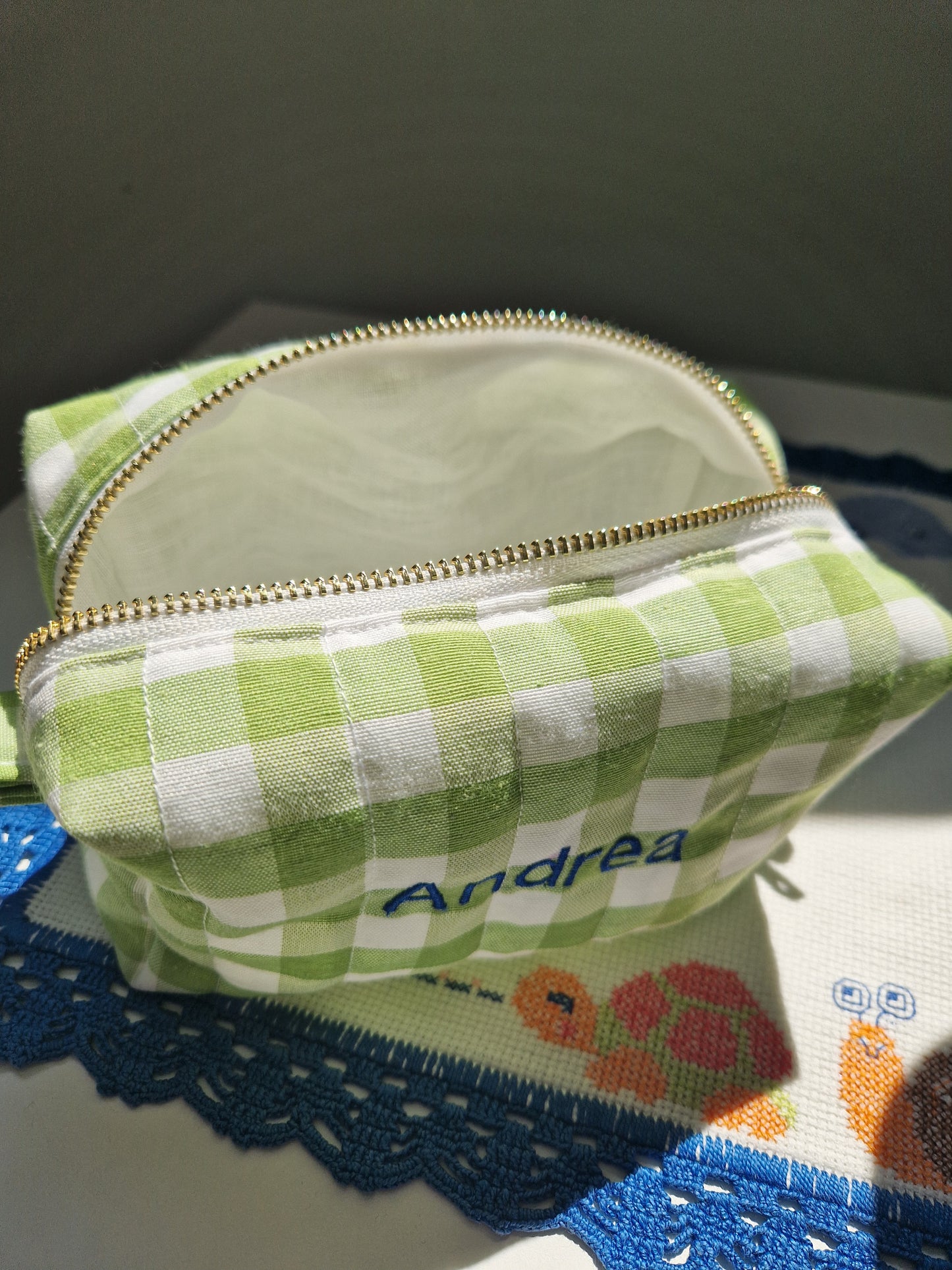 ANDREA Personalized (with Embroidered Name) Lime Green Gingham Carry All Bag - MEDIUM