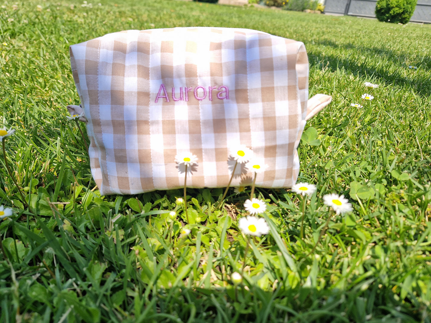 CATERINA Personalized (with Embroidered Name) Iced Coffee Gingham Carry All Bag - MEDIUM