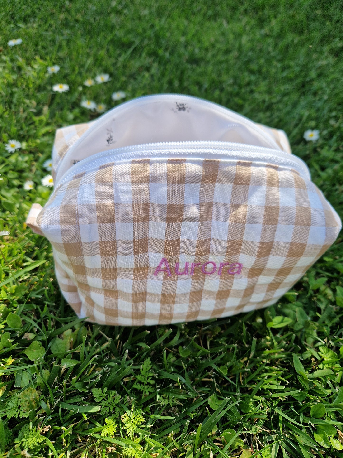 CATERINA Personalized (with Embroidered Name) Iced Coffee Gingham Carry All Bag - MEDIUM