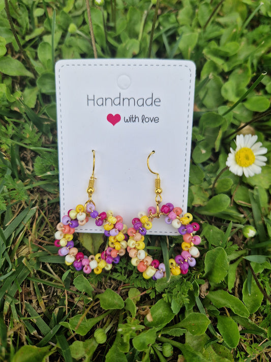 Handmade  Purple-Yellow Beaded Ring Dangling Earrings (Gold Color)