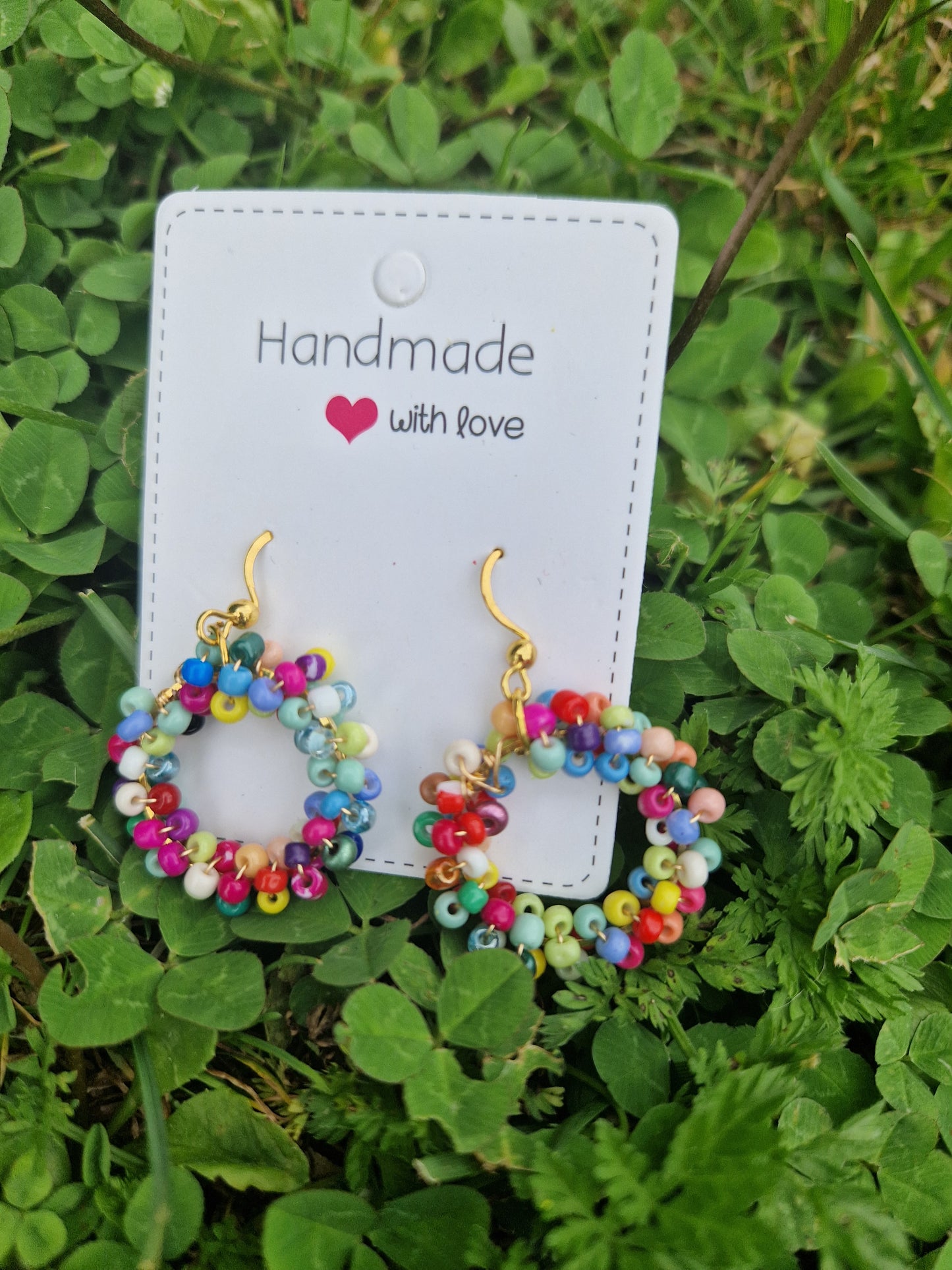 Handmade  Mutli Color Beadded Ring Earrings (Gold Color)