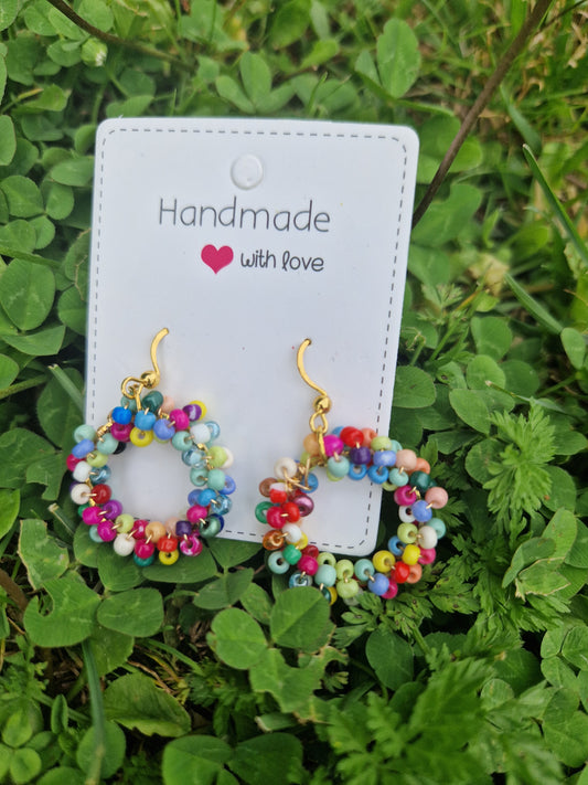 Handmade  Mutli Color Beadded Ring Earrings (Gold Color)