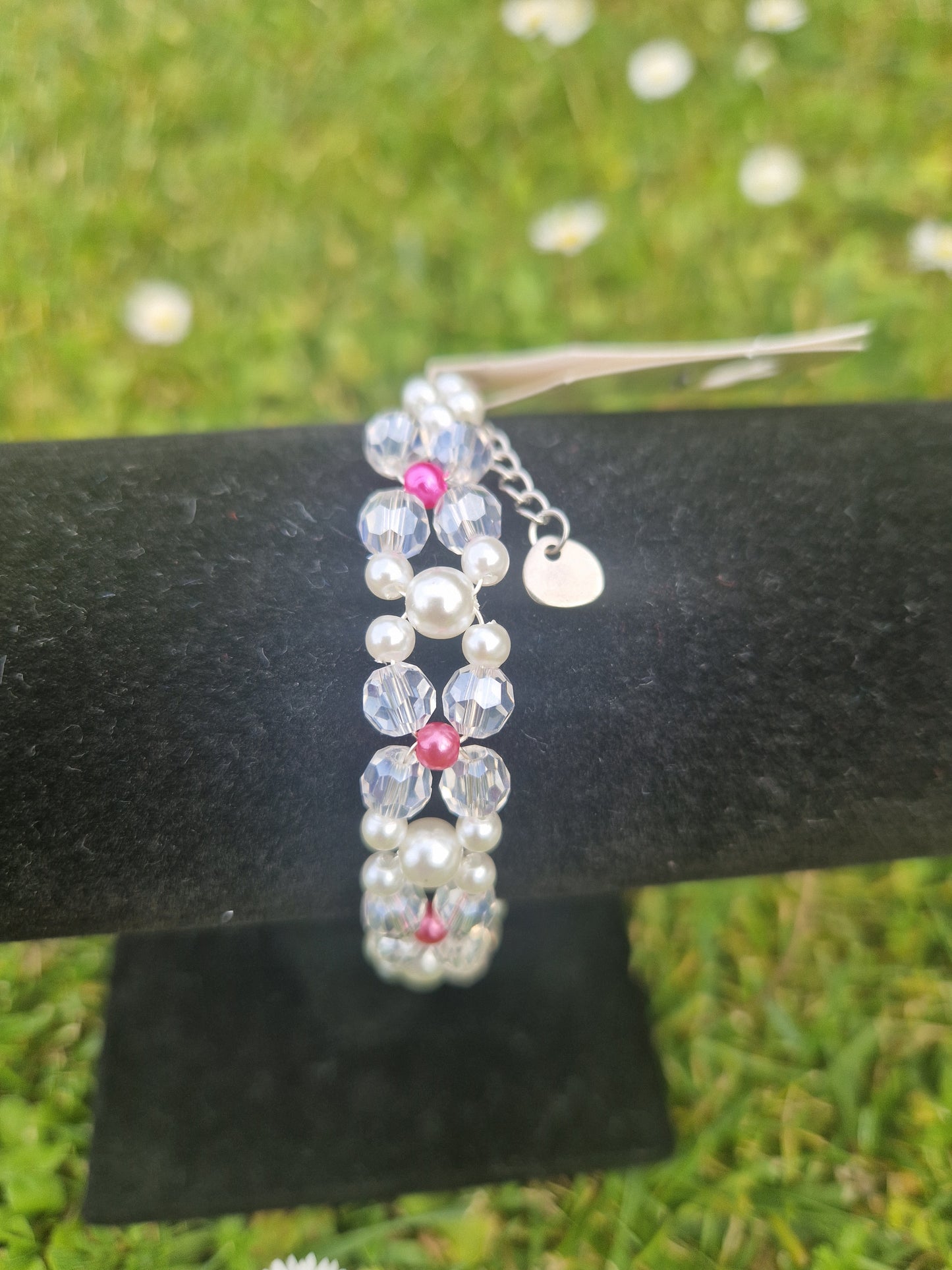 Handmade Crystal & Pink Flower Beaded Bracelet with Stainless Lock