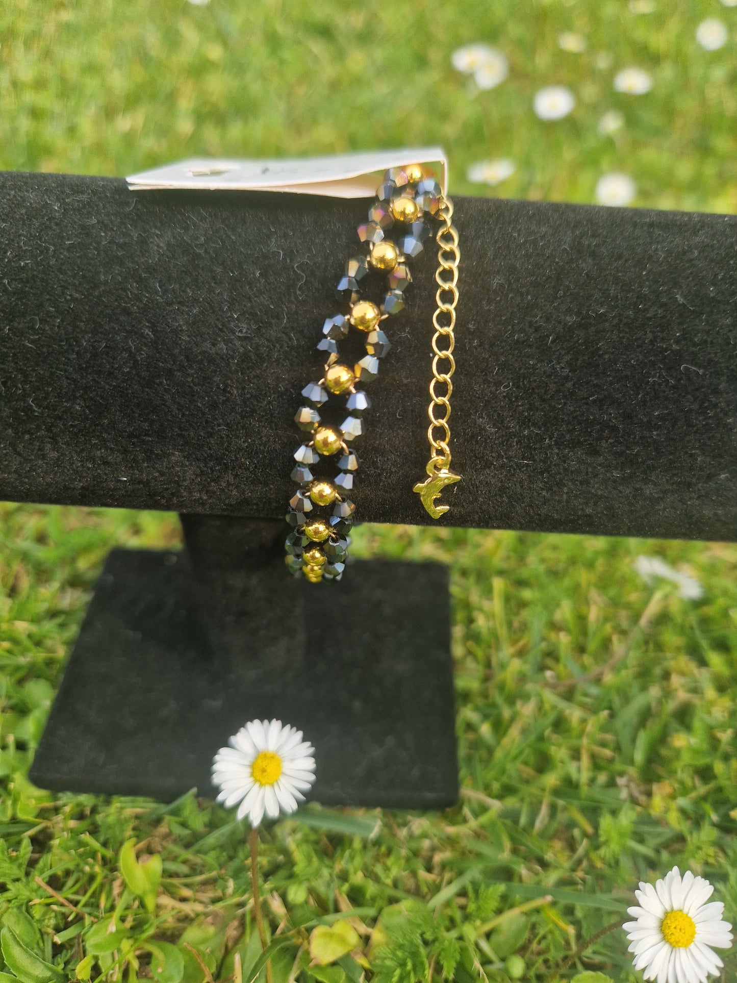 Handmade Black & Gold Beaded Bracelet with Golden Stainless Dolphin Lock
