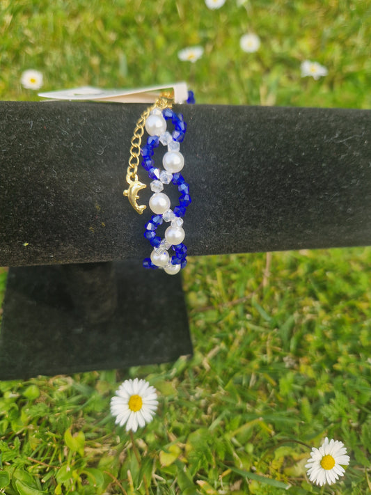 Handmade Spiral Blue and Pearl Combo with Golden Dolphin Stainless Lock