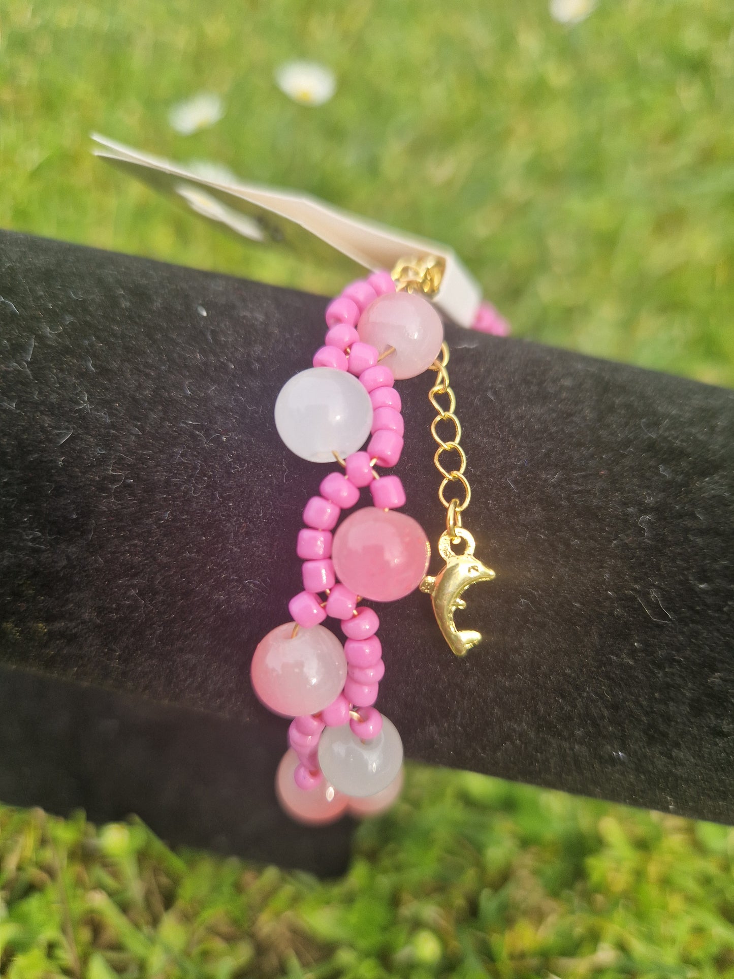 Handmade Beaded Pink Crystal Bracelet with Golden Dolhin Stainless Lock