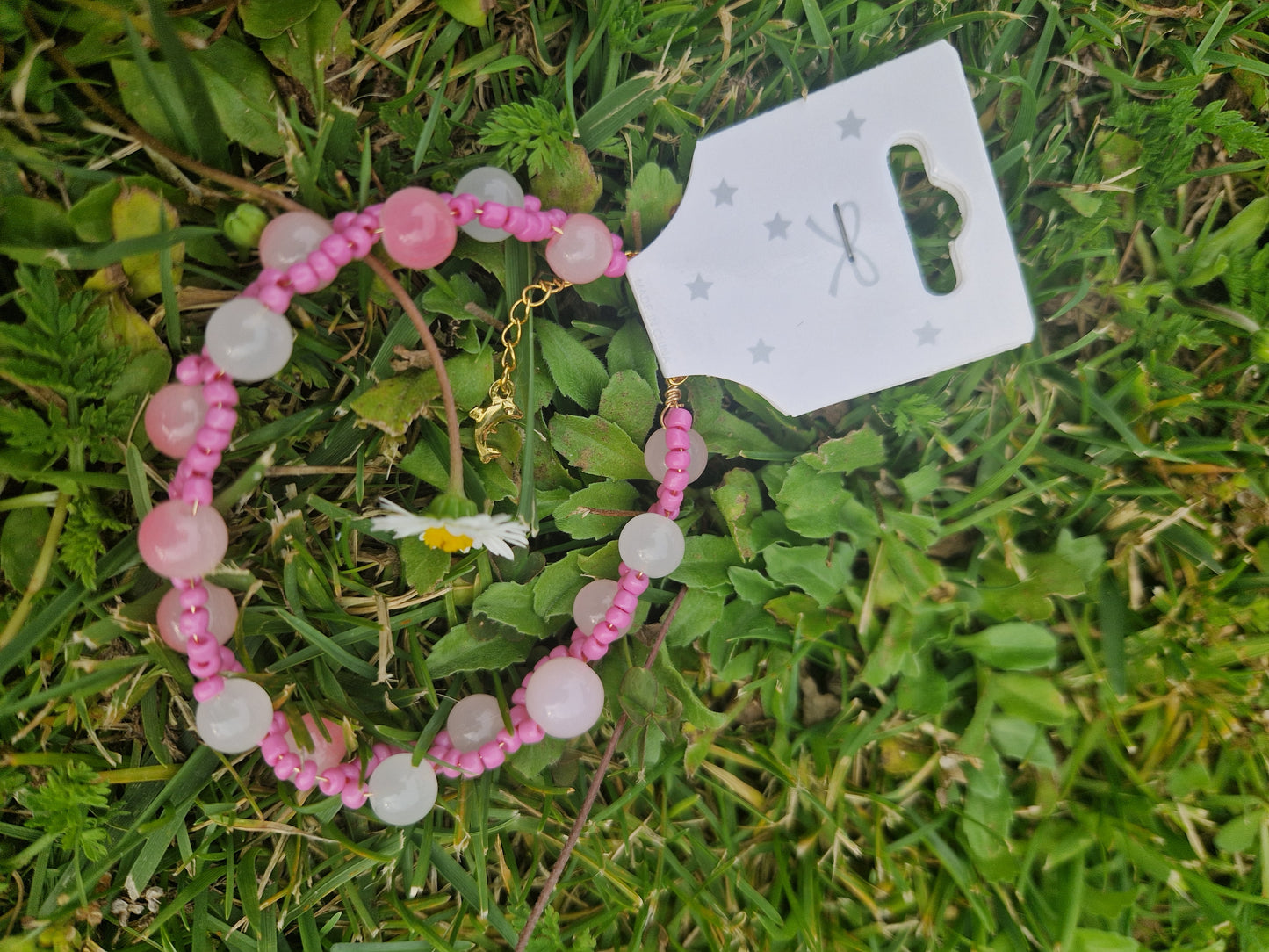 Handmade Beaded Pink Crystal Bracelet with Golden Dolhin Stainless Lock