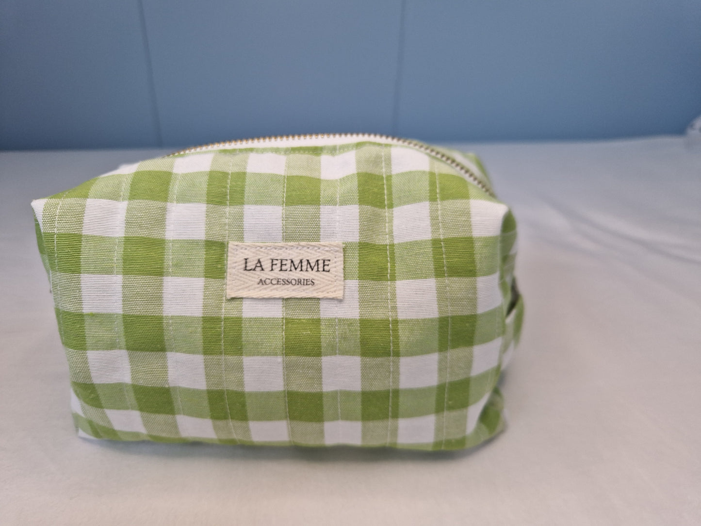 ANDREA Lime Green Gingham Make Up Bag/ Carry All Bag - Medium