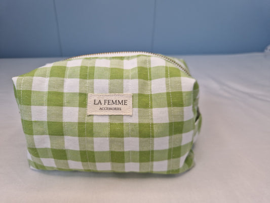 ANDREA Lime Green Gingham Make Up Bag/ Carry All Bag - Medium