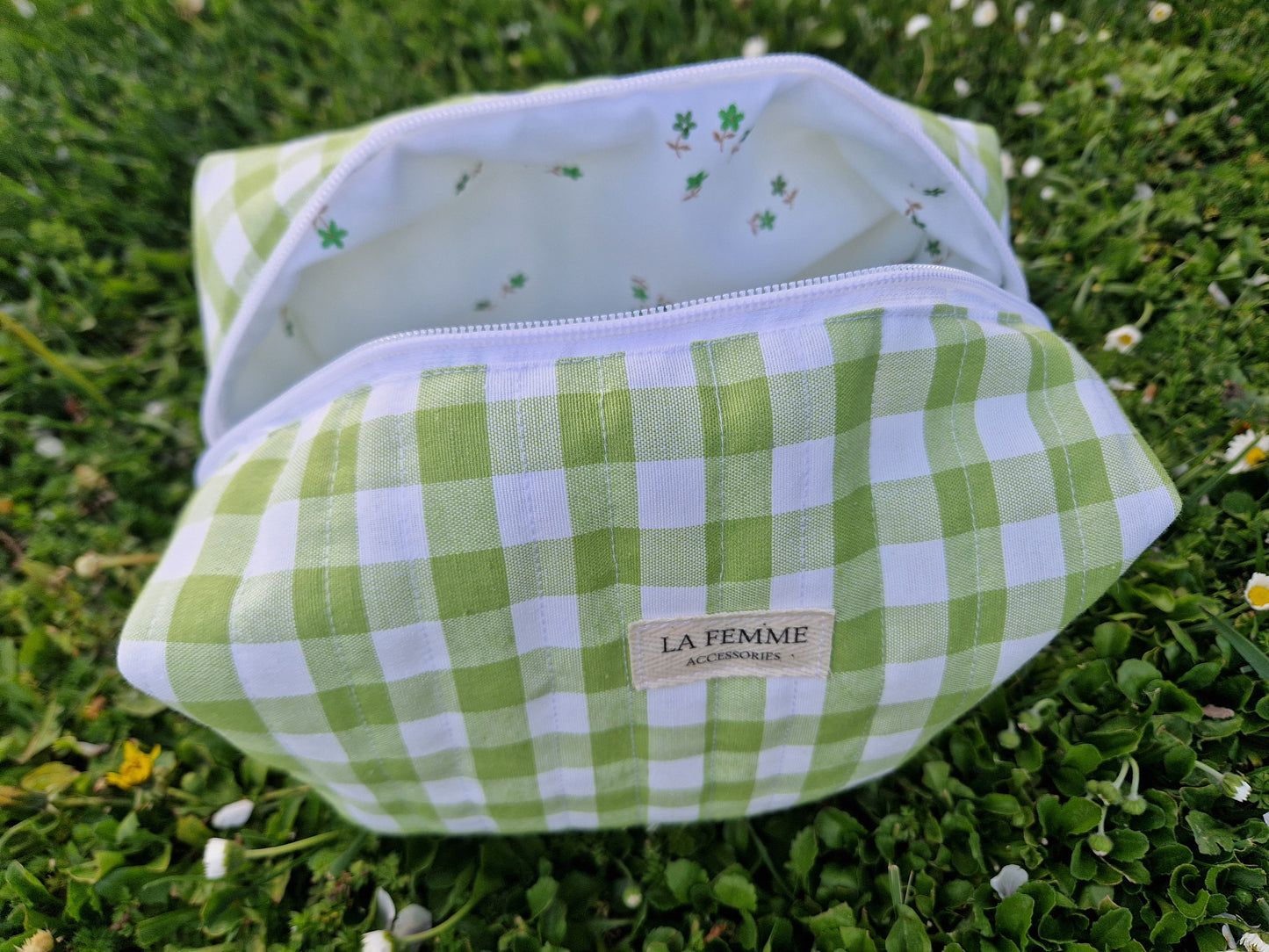 ANDREA Lime Green Gingham Make Up Bag/ Carry All Bag - Medium