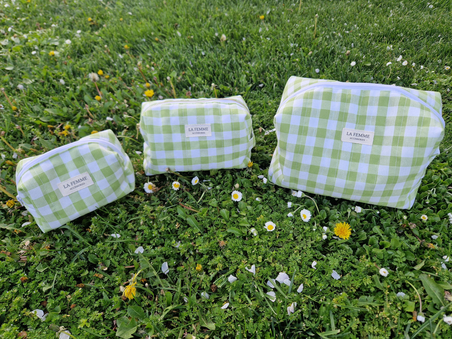 ANDREA Lime Green Gingham Make Up Bag/ Carry All Bag - Medium