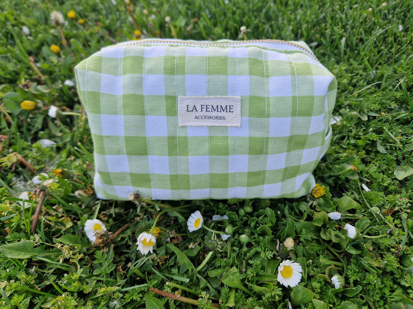 ANDREA Lime Green Gingham Make Up Bag/Carry All Bag  - Large