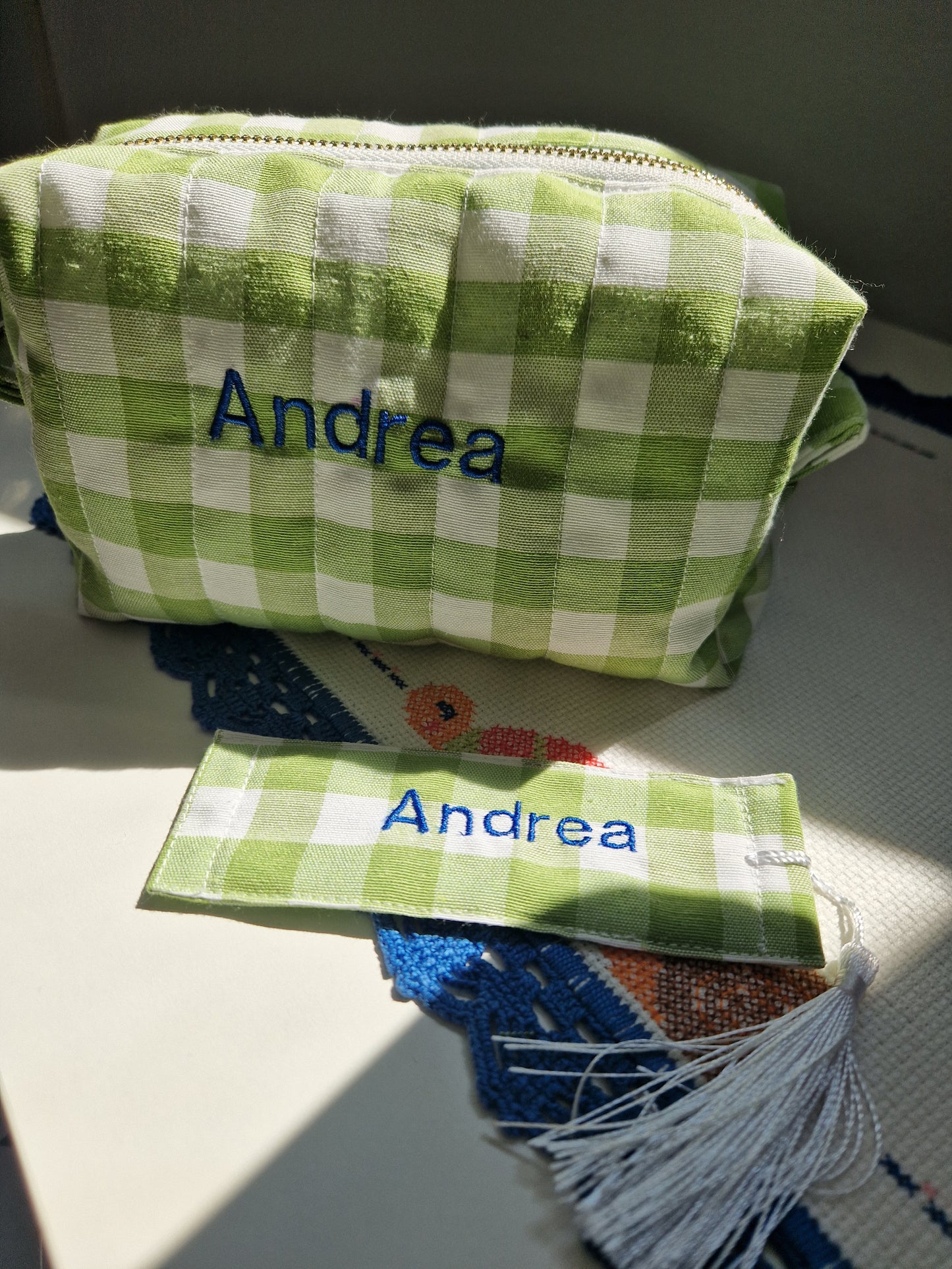 ANDREA Personalized (with Embroidered Name) Lime Green Gingham Carry All Bag - MEDIUM