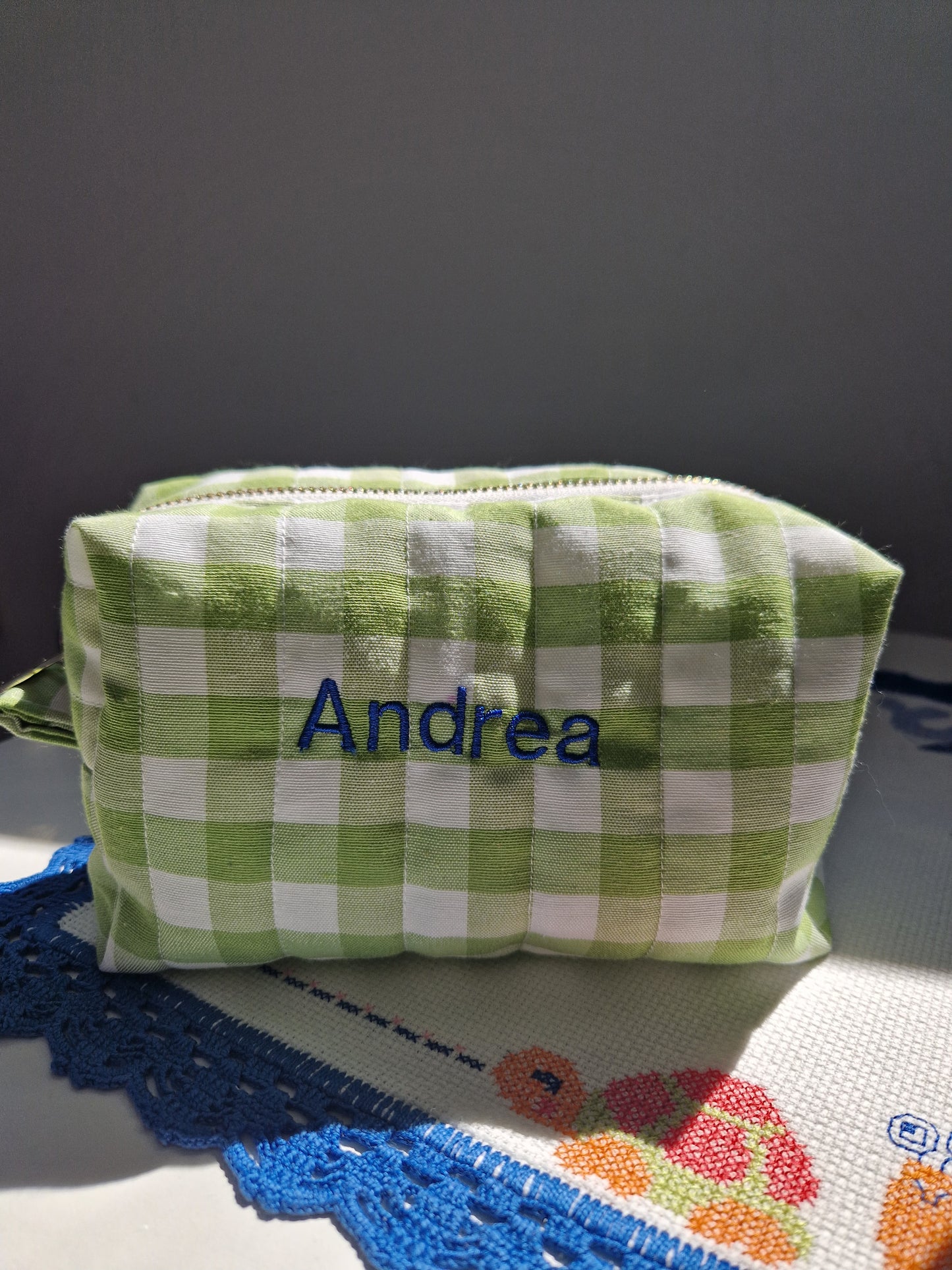 ANDREA Personalized (with Embroidered Name) Lime Green Gingham Carry All Bag - MEDIUM