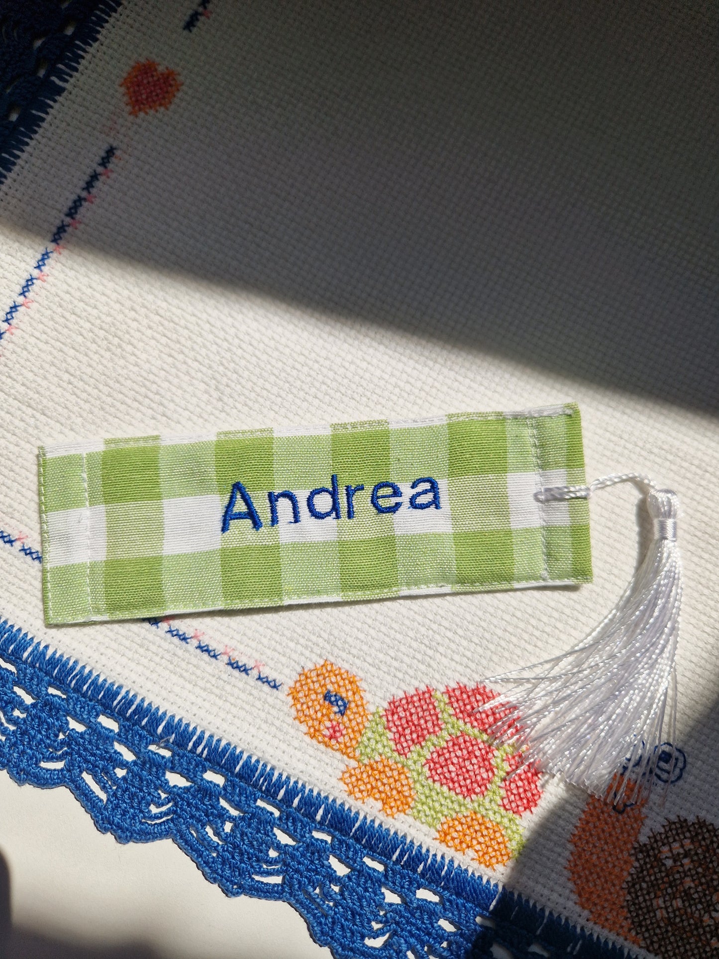 ANDREA Personalized (with Embroidered Name) Bookmark on Lime Green Gingham